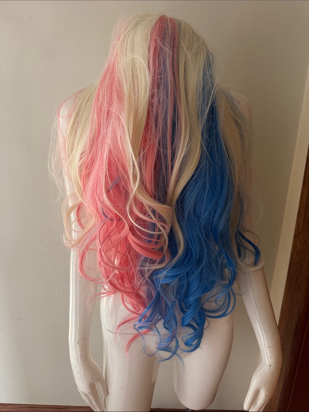 Harley Quinn Blonde Pink Blue Long Curly Cosplay Wavy 30in Synthetic Wig